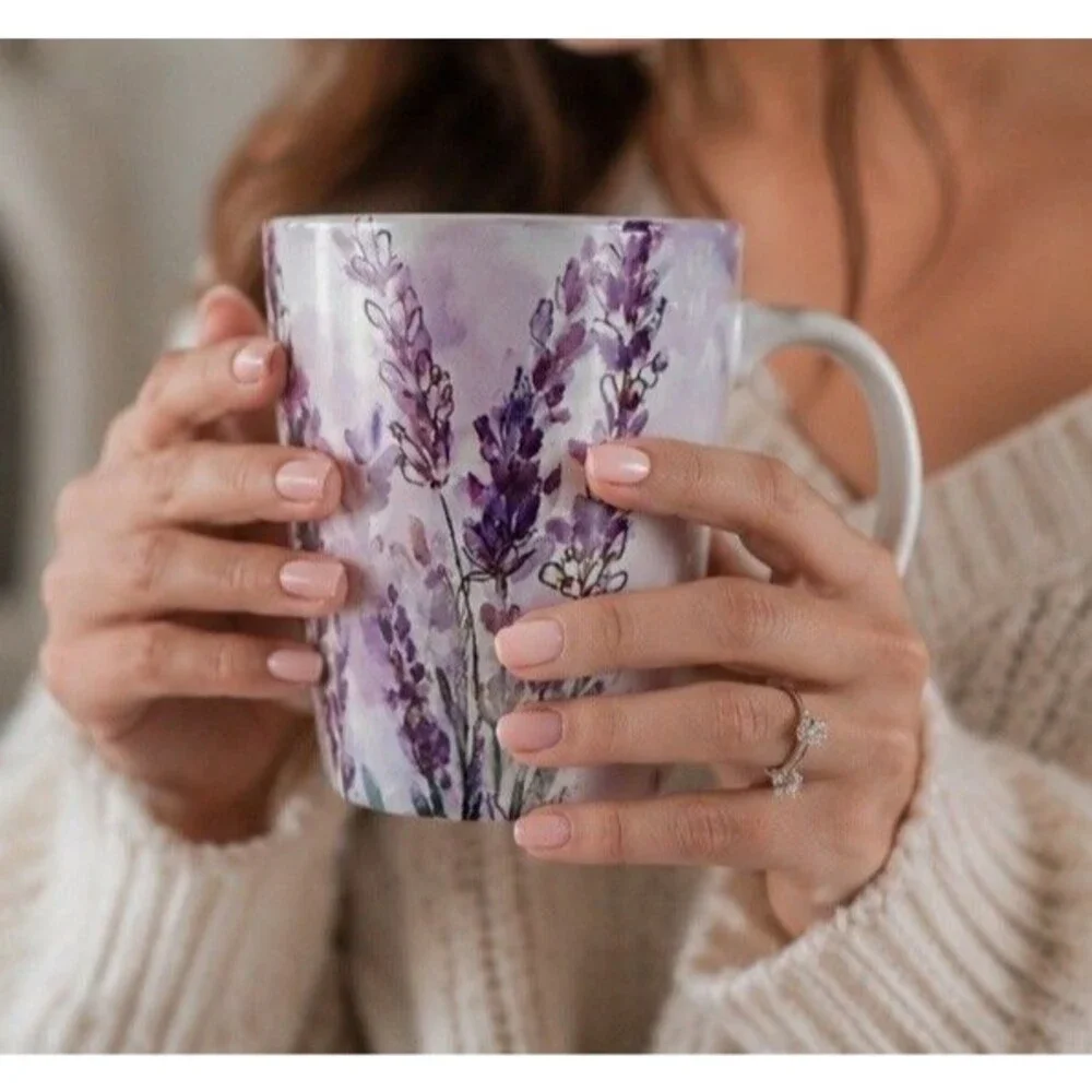 Purple Lavender Floral Coffee Mug Ceramic Tall Tea Cup Cottage Farmhouse Decor
